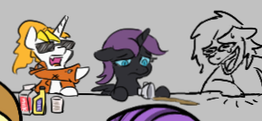 Size: 290x135 | Tagged: safe, artist:jargon scott, derpibooru import, oc, oc:anonfilly, oc:dyx, oc:nyx, alicorn, earth pony, pony, female, filly, foal, grayscale, image, laughing, monochrome, png, pointing, siblings, sisters, spill, spilled drink, sunglasses, trio