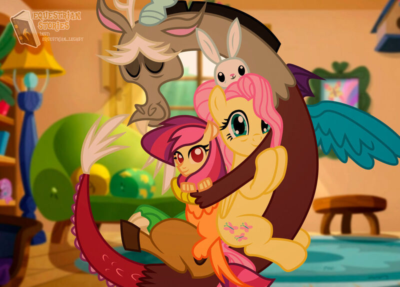 Size: 1280x918 | Tagged: safe, artist:bb2am, derpibooru import, angel bunny, discord, fluttershy, oc, draconequus, hybrid, pegasus, the last problem, family, fluttershy's cottage, hug, image, interspecies offspring, jpeg, next generation, offspring, parent:discord, parent:fluttershy, parents:discoshy, picture, picture frame, sunset