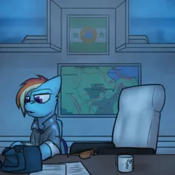 Size: 800x800 | Tagged: safe, artist:captainhoers, derpibooru import, rainbow dash, pegasus, pony, the sunjackers, bag, coffee mug, desk, female, image, mare, mug, older, older rainbow dash, png, solo