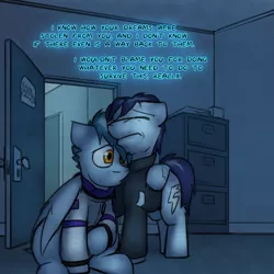 Size: 800x800 | Tagged: safe, artist:captainhoers, derpibooru import, soarin', oc, oc:concorde, pegasus, pony, the sunjackers, duo, eyes closed, father and child, hug, image, male, office, offscreen character, offspring, older, older soarin', parent:soarin', parent:spitfire, parents:soarinfire, png, stallion, winghug, wings