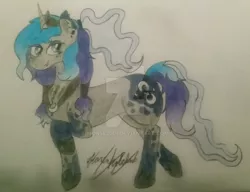 Size: 1024x787 | Tagged: safe, artist:monse2001, derpibooru import, oc, unofficial characters only, pony, unicorn, deviantart watermark, female, horn, image, jpeg, mare, obtrusive watermark, parent:princess luna, parents:canon x oc, raised hoof, signature, solo, traditional art, unicorn oc, watermark