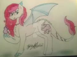 Size: 1024x766 | Tagged: safe, artist:monse2001, derpibooru import, oc, oc:pandora, unofficial characters only, dracony, dragon, hybrid, deviantart watermark, female, fire, image, jewelry, jpeg, necklace, obtrusive watermark, parent:princess luna, parents:canon x oc, signature, solo, traditional art, watermark