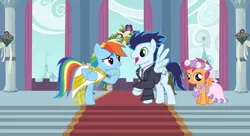 Size: 1280x698 | Tagged: safe, artist:themexicanpunisher, derpibooru import, rainbow dash, scootaloo, soarin', pegasus, pony, clothes, dress, female, filly, flower girl dress, foal, image, male, mare, marriage, png, shipping, soarindash, stallion, straight, suit, wedding, wedding dress