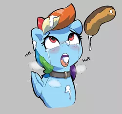 Size: 878x819 | Tagged: suggestive, artist:pabbley, derpibooru import, rainbow dash, pegasus, pony, aggie.io, ahegao, blushing, breath, collar, cum, eating, eclair, facial, female, food, image, looking up, mare, open mouth, png, simple background, suggestive eating, tongue out, whipped cream