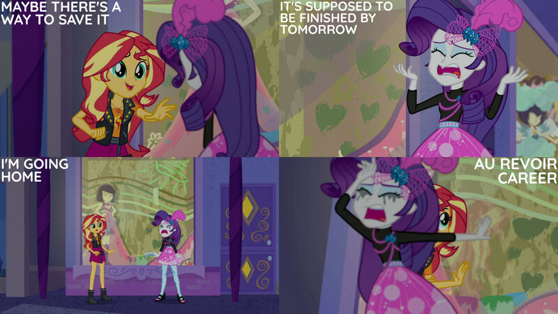 Size: 1280x720 | Tagged: safe, derpibooru import, edit, edited screencap, editor:quoterific, screencap, rarity, sunset shimmer, display of affection, equestria girls, equestria girls series, clothes, cutie mark, cutie mark on clothes, duo, duo female, eyes closed, female, geode of empathy, hairpin, image, jacket, jewelry, jpeg, leather, leather jacket, magical geodes, marshmelodrama, necklace, open mouth, open smile, rarity being rarity, smiling, text