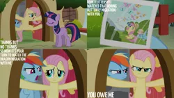 Size: 1280x720 | Tagged: safe, derpibooru import, edit, edited screencap, editor:quoterific, screencap, fluttershy, rainbow dash, twilight sparkle, butterfly, insect, pegasus, pony, unicorn, dragon quest, season 2, eyes closed, female, fluttershy's cottage, image, mare, open mouth, photo, png, smiling, text, trio, unicorn twilight