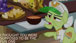 Size: 1280x720 | Tagged: safe, derpibooru import, edit, edited screencap, editor:quoterific, screencap, granny smith, earth pony, pony, grannies gone wild, season 8, spoiler:s08, female, image, jpeg, mare, open mouth, solo, text