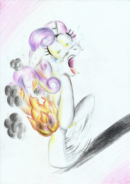 Size: 1280x1810 | Tagged: semi-grimdark, artist:3500joel, derpibooru import, sweetie belle, pony, unicorn, crying, female, filly, fire, foal, image, jpeg, ouch, simple background, solo, traditional art