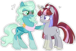 Size: 2248x1523 | Tagged: safe, artist:dinkydoolove, derpibooru import, oc, oc:shooting star, unofficial characters only, pegasus, pony, unicorn, base used, blushing, clothes, duo, feathered fetlocks, female, horn, image, mare, offspring, parent:sky stinger, parent:vapor trail, parents:vaporsky, png, raised hoof, scarf, simple background, transparent background, unicorn oc, wings