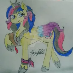 Size: 1024x1023 | Tagged: safe, artist:monse2001, derpibooru import, oc, unofficial characters only, alicorn, pony, alicorn oc, book, deviantart watermark, female, hoof shoes, horn, image, jpeg, mare, obtrusive watermark, parent:comet tail, parent:twilight sparkle, peytral, signature, smiling, traditional art, watermark, wings