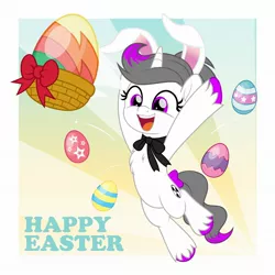 Size: 2048x2048 | Tagged: safe, artist:jhayarr23, derpibooru import, oc, oc:hazel radiate, unofficial characters only, pony, unicorn, bow, bunny ears, chest fluff, choker, colored hooves, commission, commissioner:biohazard, cute, easter, easter egg, eyelashes, female, high res, highlights, holiday, horn, image, jpeg, mare, ocbetes, open mouth, open smile, ponytail, purple eyes, simple background, smiling, solo, tail, tail bow, text, unicorn oc, unshorn fetlocks, ych result