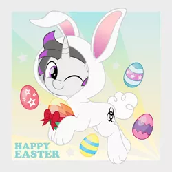 Size: 5000x5000 | Tagged: safe, artist:jhayarr23, derpibooru import, oc, oc:haze rad, unofficial characters only, pony, unicorn, absurd resolution, animal costume, bow, bunny costume, bunny ears, bunny suit, clothes, commission, commissioner:biohazard, costume, cute, easter, easter egg, floppy ears, fluffy tail, holiday, horn, image, looking at you, male, ocbetes, one eye closed, png, purple eyes, ribbon, simple background, smiling, smiling at you, solo, stallion, tail, text, unicorn oc, wink, winking at you, ych result