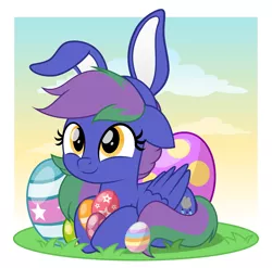 Size: 5066x5000 | Tagged: safe, artist:jhayarr23, derpibooru import, oc, oc:lishka, unofficial characters only, pegasus, pony, absurd resolution, amber eyes, bunny ears, commission, commissioner:biohazard, cute, easter egg, eyelashes, female, floppy ears, image, mare, ocbetes, pegasus oc, png, simple background, smiling, solo, tail, text, two toned mane, two toned tail, wings, ych result