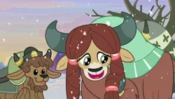Size: 1280x720 | Tagged: safe, derpibooru import, screencap, yona, yak, the hearth's warming club, cloven hooves, cute, female, hair braid, happy, image, male, png, trio, yonadorable