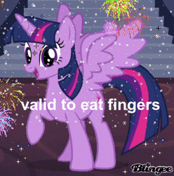 Size: 396x400 | Tagged: episode needed, source needed, safe, derpibooru import, edit, edited screencap, screencap, twilight sparkle, twilight sparkle (alicorn), alicorn, pony, animated, blingee, exploitable meme, female, fireworks, gif, image, mare, meme, solo, text, valid to eat fingers