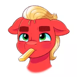 Size: 465x465 | Tagged: safe, artist:malarkey, derpibooru import, sprout cloverleaf, earth pony, pony, bust, cheese, doodle, floppy ears, food, g5, image, male, mouth hold, png, portrait, simple background, solo, stallion, white background