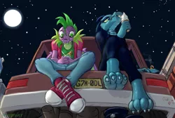 Size: 2225x1496 | Tagged: safe, artist:frist44, derpibooru import, spike, bea santello, boots, car, cigarette, claws, clothes, food, ice cream, image, licking, night in the woods, older, pensive, png, shoes, sitting on car, smoking, sneakers, spoon, stars, tail pipe, thinking, tongue out