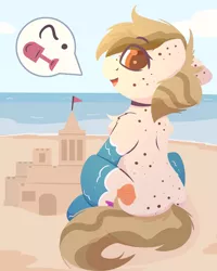 Size: 1600x2000 | Tagged: safe, artist:rhythmpixel, derpibooru import, oc, oc:sand dollar, unofficial characters only, earth pony, pony, beach, female, freckles, image, lineless, looking at you, looking back, looking back at you, mare, png, sandcastle, solo