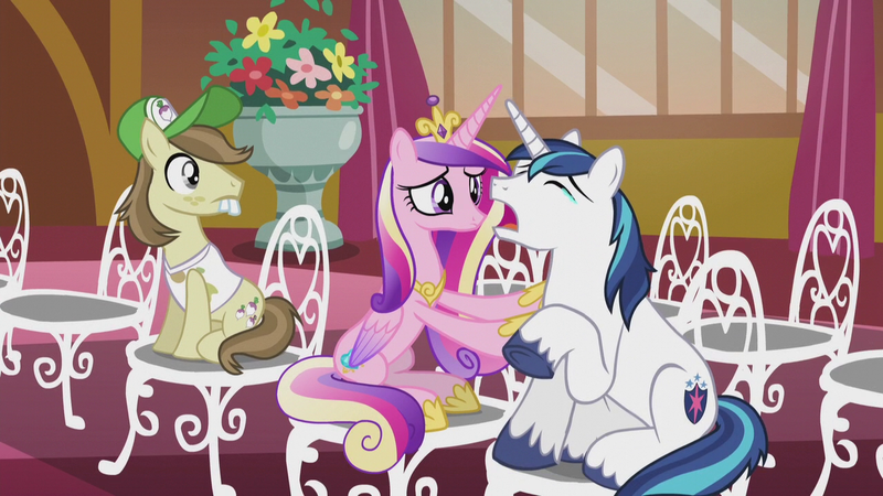 Size: 1280x720 | Tagged: safe, derpibooru import, screencap, hayseed turnip truck, princess cadance, shining armor, alicorn, earth pony, pony, unicorn, season 5, slice of life (episode), chair, confrontation, crying armor, exploitable meme, female, image, male, mare, meme, png, raised hoof, sad, stallion, teary eyes, trio, whining armor