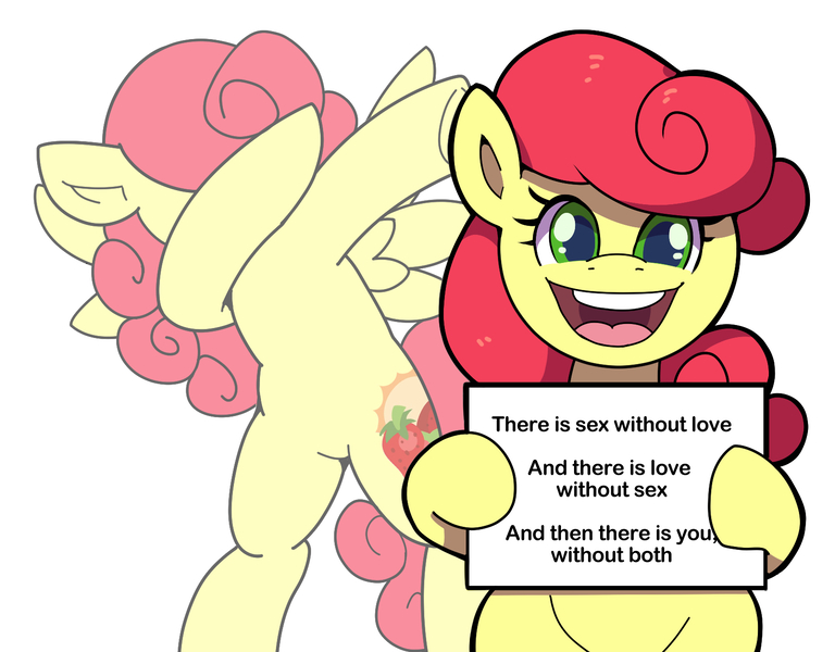 Size: 1600x1250 | Tagged: safe, artist:anonymous, strawberry sunrise, pony, dab, female, image, irrational exuberance, jpeg, looking at you, mare, meme, ponified meme, sign, simple background, smiling, solo, strawberry savage, white background