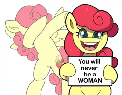 Size: 1600x1250 | Tagged: safe, alternate version, artist:anonymous, strawberry sunrise, pony, dab, female, image, irrational exuberance, jpeg, looking at you, mare, meme, mouthpiece, ponified meme, sign, simple background, smiling, solo, strawberry savage, white background, you will never be a woman