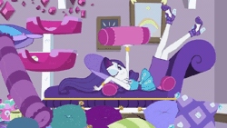 Size: 720x405 | Tagged: safe, derpibooru import, screencap, rarity, camping must-haves, equestria girls, equestria girls series, spoiler:eqg series (season 2), animated, armpits, body pillow, couch, female, geode of shielding, gif, image, legs, legs in air, magical geodes, one eye closed, pillow, rarity peplum dress, rarity's bedroom, sexy