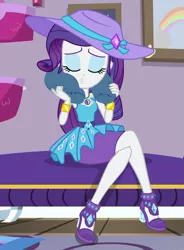 Size: 699x949 | Tagged: safe, derpibooru import, screencap, rarity, camping must-haves, equestria girls, equestria girls series, spoiler:eqg series (season 2), couch, cropped, crossed legs, eyes closed, female, geode of shielding, image, magical geodes, png, puckered lips, rarity peplum dress, rarity's bedroom, sitting, solo