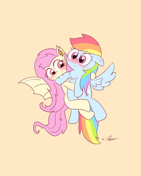 Size: 1643x2048 | Tagged: safe, artist:leo19969525, derpibooru import, fluttershy, rainbow dash, bat pony, pegasus, pony, bat ponified, beige background, biting, blushing, duo, fangs, female, flutterbat, flutterdash, hoof biting, image, jpeg, lesbian, race swap, shipping