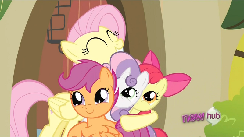 Size: 1152x648 | Tagged: safe, derpibooru import, screencap, apple bloom, fluttershy, scootaloo, sweetie belle, earth pony, pegasus, pony, unicorn, ponyville confidential, season 2, ^^, adorabloom, all new, cute, cutealoo, cutie mark crusaders, cutie mark cuties, daaaaaaaaaaaw, diasweetes, eyes closed, female, filly, foal, hub logo, hug, image, logo, mare, png, shyabetes, smiling, text, the hub
