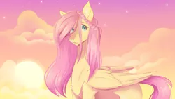 Size: 1280x720 | Tagged: safe, artist:coffeequake, artist:snailswails, derpibooru import, fluttershy, pegasus, pony, aside glance, braid, chest fluff, cloud, ear fluff, female, folded wings, image, looking at you, mare, outdoors, png, sideways glance, sky, sky background, solo, stray strand, three quarter view, wings