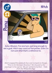 Size: 788x1088 | Tagged: safe, artist:str8aura-draws-horses-and-stuff, derpibooru import, hitch trailblazer, earth pony, hedgehog, pony, twilight sparkle's secret shipfic folder, my little pony: a new generation, car, card, driving, g5, image, james marsden, leaning, male, png, stallion, sunglasses, voice actor joke