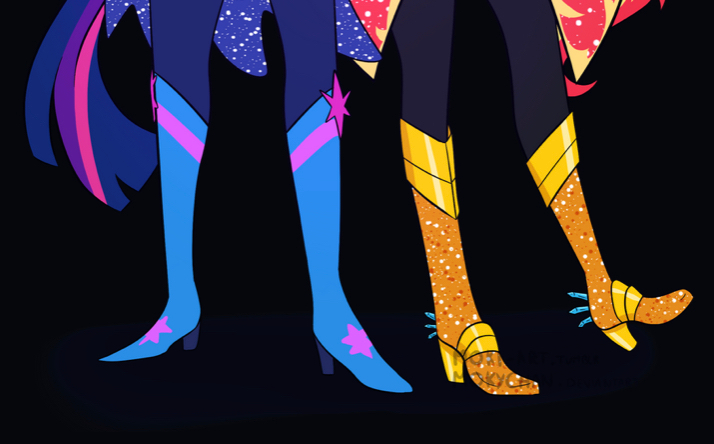 Size: 714x444 | Tagged: safe, derpibooru import, sci-twi, sunset shimmer, twilight sparkle, equestria girls, boots, clothes, crystal guardian, duo, high heel boots, image, jpeg, legs, pictures of legs, shoes, solo