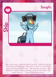 Size: 788x1088 | Tagged: safe, artist:str8aura-draws-horses-and-stuff, derpibooru import, rainbow dash, twilight sparkle's secret shipfic folder, boombox, car, card, chest fluff, cloud, image, looking down, png, spread wings, wings