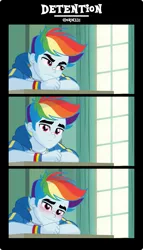 Size: 2285x4000 | Tagged: safe, artist:orin331, derpibooru import, rainbow dash, equestria girls, clothes, comic, desk, equestria guys, frown, geode of super speed, high res, hoodie, image, looking at you, magical geodes, png, rainbow blitz, rule 63, short comic, smiling, smiling at you, wristband