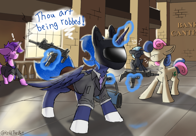 Size: 3624x2516 | Tagged: safe, artist:reddthebat, derpibooru import, amethyst star, bon bon, princess luna, sweetie drops, thunderlane, alicorn, earth pony, pegasus, pony, unicorn, bank, gun, helmet, image, motorcycle helmet, png, thou art being robbed, uzi, weapon