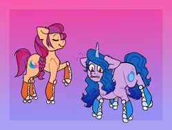 Size: 2382x1806 | Tagged: safe, artist:banana_jester, derpibooru import, izzy moonbow, sunny starscout, earth pony, pony, unicorn, boots, clothes, commission, duo, eyes closed, female, g5, gritted teeth, image, jpeg, mare, nervous, raised hoof, roller skates, rollerblades, shoes, skates, skating, ych result