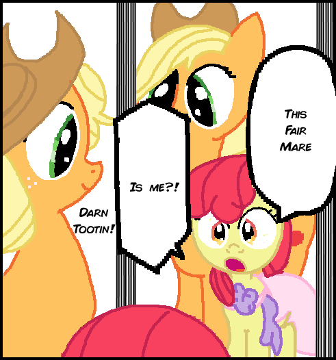 Size: 491x526 | Tagged: safe, anonymous artist, derpibooru import, apple bloom, applejack, ponified, earth pony, pony, clothes, dress, female, filly, foal, image, mare, mirror, png, speech bubble, yotsuba