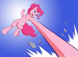 Size: 1500x1100 | Tagged: safe, artist:feralroku, derpibooru import, pinkie pie, earth pony, pony, action pose, angry, chest fluff, crossover, debris, gomu gomu no mi, gradient background, image, one piece, open mouth, png, punch, solo, underhoof