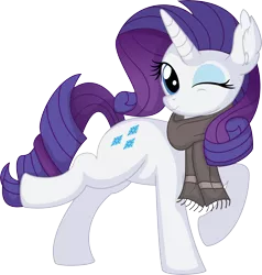 Size: 6689x7028 | Tagged: safe, artist:cyanlightning, derpibooru import, rarity, pony, unicorn, .svg available, absurd resolution, clothes, ear fluff, female, image, mare, one eye closed, png, scarf, simple background, sitting, smiling, solo, transparent background, vector, wink