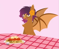 Size: 3815x3208 | Tagged: safe, artist:samsailz, derpibooru import, oc, bat pony, bat wings, commission, fangs, flower, food, happy, high res, image, pasta, png, spaghetti, spread wings, wingding eyes, wings, ych result
