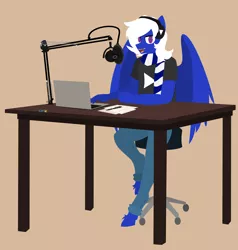 Size: 7918x8305 | Tagged: safe, artist:samsailz, derpibooru import, oc, anthro, pegasus, unguligrade anthro, clothes, computer, headphones, image, laptop computer, microphone, paper, pegasus oc, pen, png, podcast, scarf, stool, table, wings