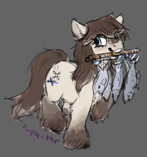 Size: 607x647 | Tagged: safe, artist:purple-blep, derpibooru import, oc, oc:frosty flakes, unofficial characters only, fish, pony, taiga pony, blaze (coat marking), brown background, female, fluffy, gray background, image, mare, mouth hold, png, simple background, socks (coat marking), solo, tan coat, unshorn fetlocks