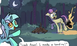 Size: 808x489 | Tagged: safe, artist:plunger, artist:toffo, derpibooru import, bon bon, lyra heartstrings, sweetie drops, earth pony, pony, unicorn, bonfire, burning, bush, bust, exclamation point, female, fire, forest, gasp, horn, image, implied anon, l.u.l.s., looking at you, looking back, mare, moon, night, offscreen character, open mouth, open smile, png, pun, raised hoof, raised leg, smiling, speech bubble, talking to viewer, text, tree, wood, wordplay