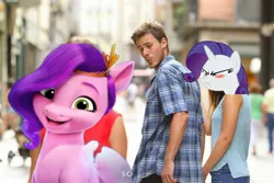 Size: 2048x1365 | Tagged: safe, derpibooru import, edit, edited edit, pipp petals, rarity, human, pegasus, pony, my little pony: a new generation, the end in friend, adorapipp, building, cute, distracted, distracted boyfriend meme, female, g5, image, jewelry, jpeg, looking at you, male, mare, meme, smiling, straight, tiara, upset, waifu