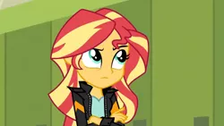 Size: 3410x1920 | Tagged: safe, derpibooru import, screencap, sunset shimmer, equestria girls, friendship games, clothes, crossed arms, female, high res, image, jacket, jpeg, leather, leather jacket, lockers, solo