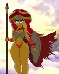 Size: 2023x2514 | Tagged: suggestive, artist:tonylixious, derpibooru import, sunset shimmer, equestria girls, armor, aspis, cape, clothes, female, image, lambda, panties, png, shield, solo, solo female, spear, thong, unconvincing armor, underwear, weapon, xyston