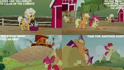 Size: 1280x720 | Tagged: safe, derpibooru import, edit, edited screencap, editor:quoterific, screencap, apple bloom, applejack, goldie delicious, granny smith, cat, earth pony, pony, going to seed, season 9, spoiler:s09, ^^, adorabloom, apple bloom's bow, applejack's hat, bow, cowboy hat, cute, eyes closed, female, filly, foal, hair bow, hat, image, jackabetes, mare, open mouth, png, smiling, sweet apple acres, text