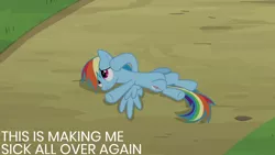 Size: 1280x720 | Tagged: safe, derpibooru import, edit, edited screencap, editor:quoterific, screencap, rainbow dash, pegasus, pony, read it and weep, season 2, female, image, jpeg, lying down, mare, solo, spread wings, text, wings