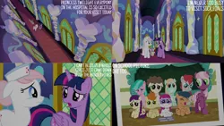 Size: 1280x720 | Tagged: safe, derpibooru import, edit, edited screencap, editor:quoterific, screencap, cheerilee, nurse redheart, spike, twilight sparkle, twilight sparkle (alicorn), alicorn, dragon, earth pony, pegasus, pony, unicorn, a flurry of emotions, season 7, chalkboard, colt, eyes closed, female, filly, floppy ears, foal, grin, image, male, mare, open mouth, open smile, png, smiling, text, twilight's castle