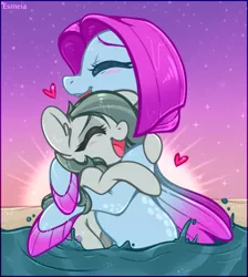 Size: 428x478 | Tagged: safe, artist:esmeia, derpibooru import, marble pie, salina blue, earth pony, pony, seapony (g4), beach, blushing, cute, eyelashes, eyes closed, female, fins, gray mane, heart, hug, image, lesbian, marblina, mare, ocean, open mouth, open smile, pink mane, png, sand, shipping, sky, smiling, sun, sunlight, teeth, water, wings